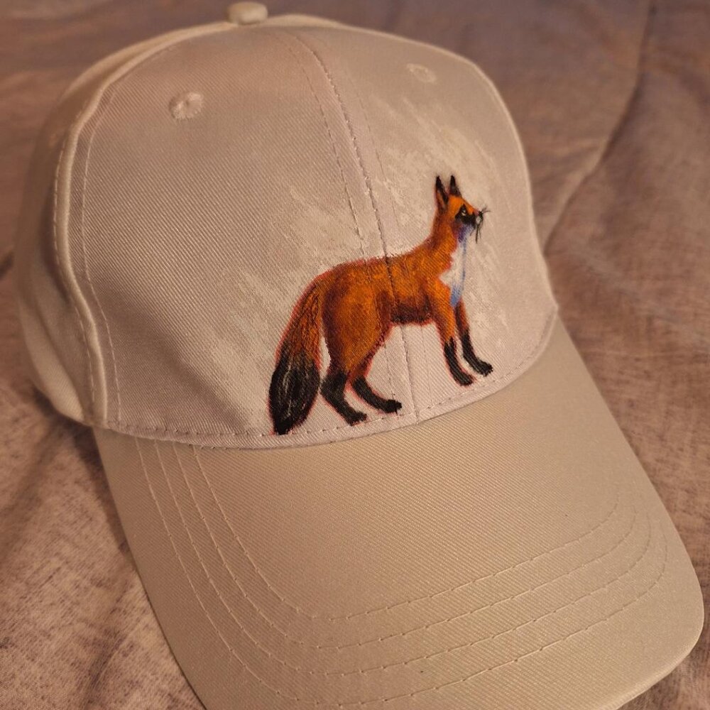 Hand-Painted Fox Hat on White Baseball Hat.